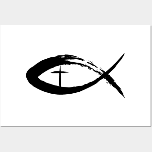 Painted Cross and Fish Christian Design - Black Posters and Art